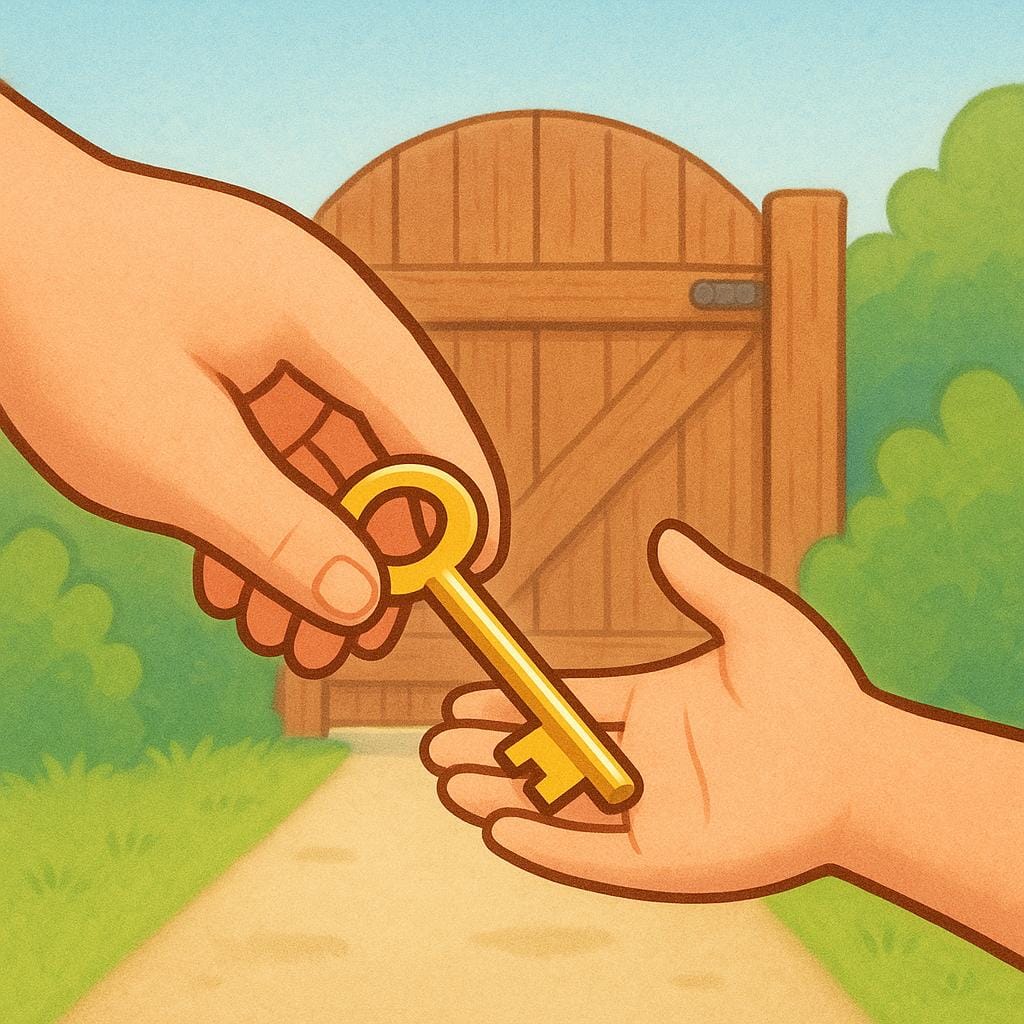 A large, friendly hand holding a golden key, handing it to a smaller hand in front of a closed wooden gate, symbolizing formal permission.