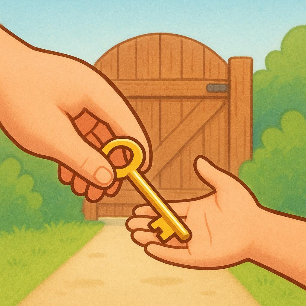 A large, friendly hand holding a golden key, handing it to a smaller hand in front of a closed wooden gate, symbolizing formal permission.