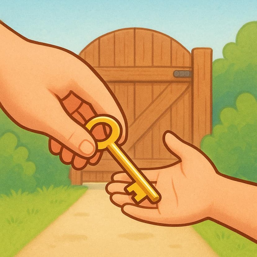 A large, friendly hand holding a golden key, handing it to a smaller hand in front of a closed wooden gate, symbolizing formal permission.