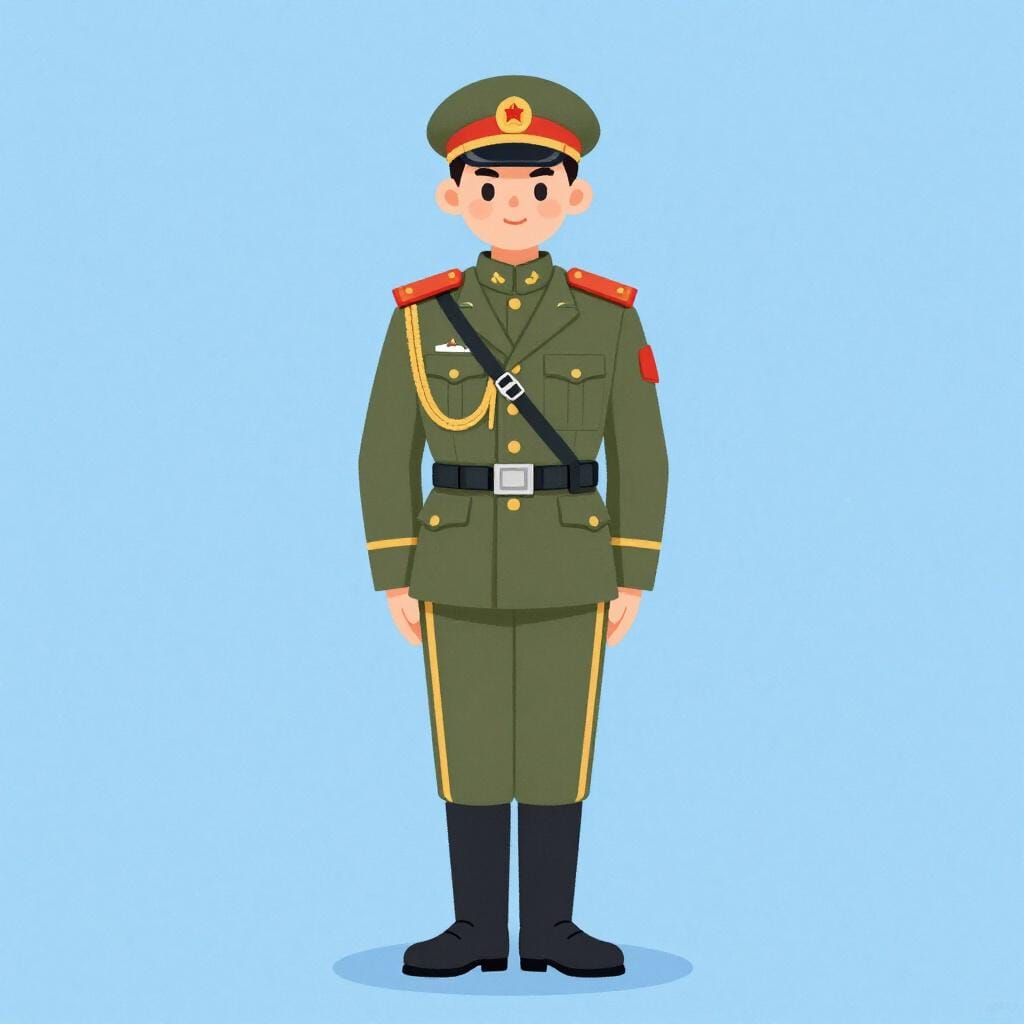 Um soldado com um uniforme de gala impecável, em pé, em posição de sentido.