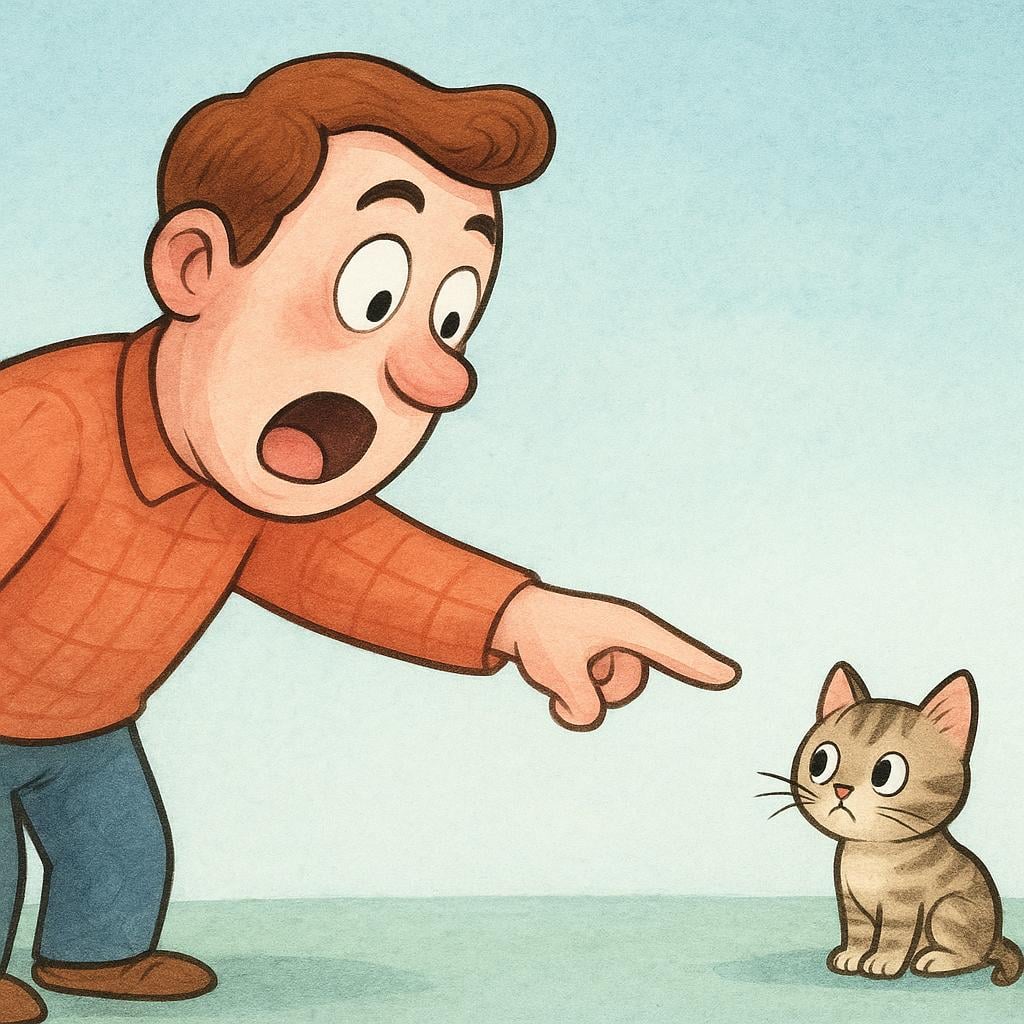 A person is pointing dramatically at a tiny, ordinary kitten while making a highly exaggerated facial expression, suggesting they are making up a fantastical story or excuse.