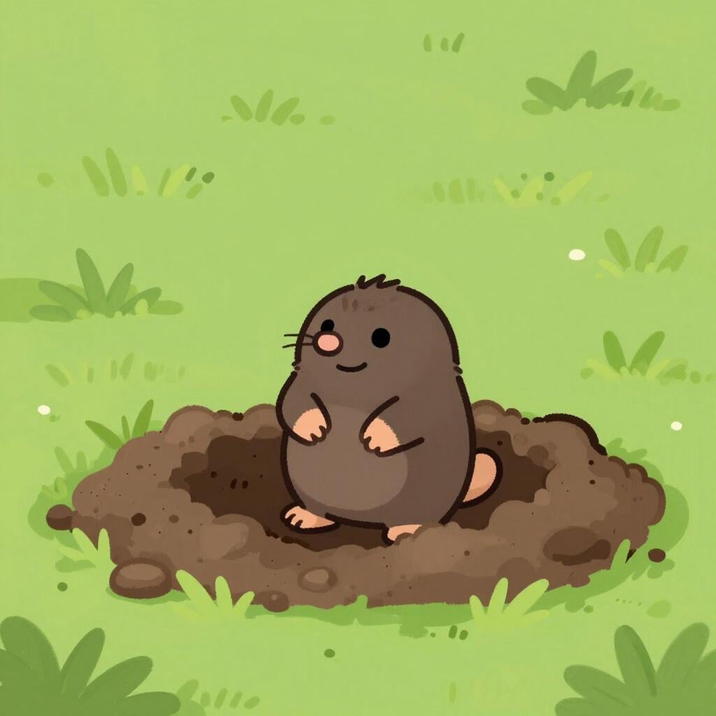 A small brown mole with a pink nose and large claws peeking out from a mound of dirt in a green field.