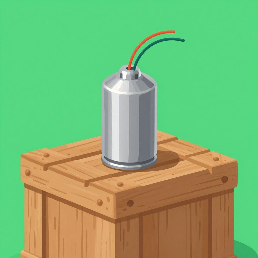 Un petit détonateur métallique avec des fils attachés, posé sur une caisse en bois.