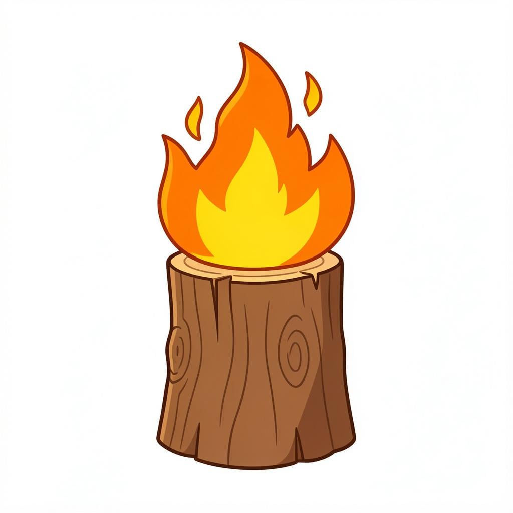 A single piece of wood with bright orange and yellow flames rising from it.