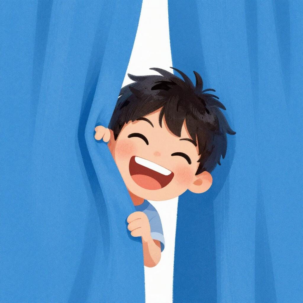 A small child with a playful grin hiding behind a curtain, peeking out with a mischievous look.