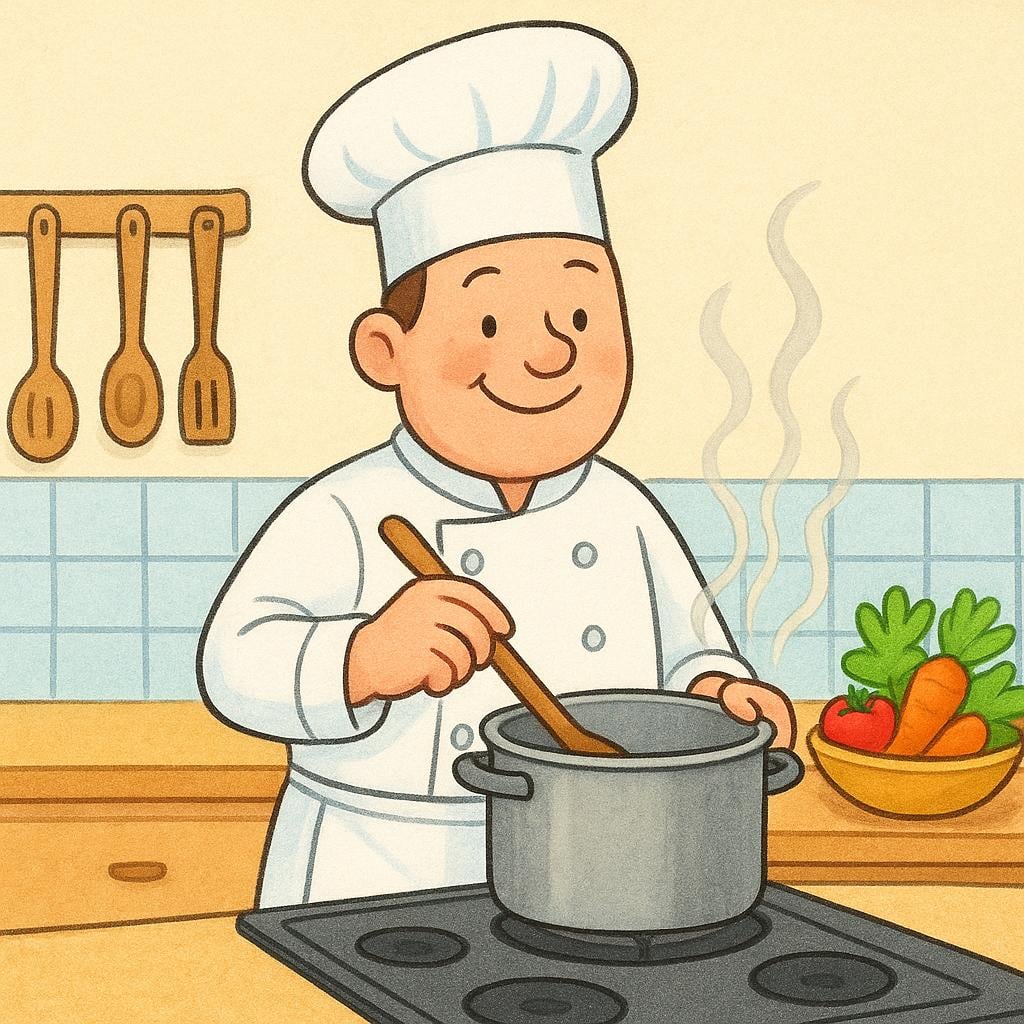 A cheerful chef wearing a tall white hat and apron, actively stirring a pot, illustrating their professional capacity or role.