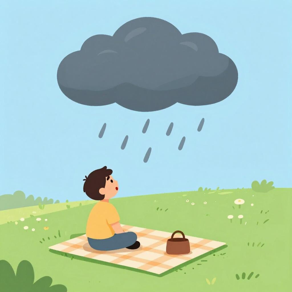 A sudden rain cloud appearing over a person having a picnic in a sunny park.