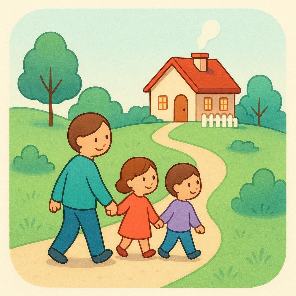 Three simplified, colorful storybook figures are walking along a winding dirt path toward a small, welcoming house in the distance, illustrating the continuous action of moving toward a destination.
