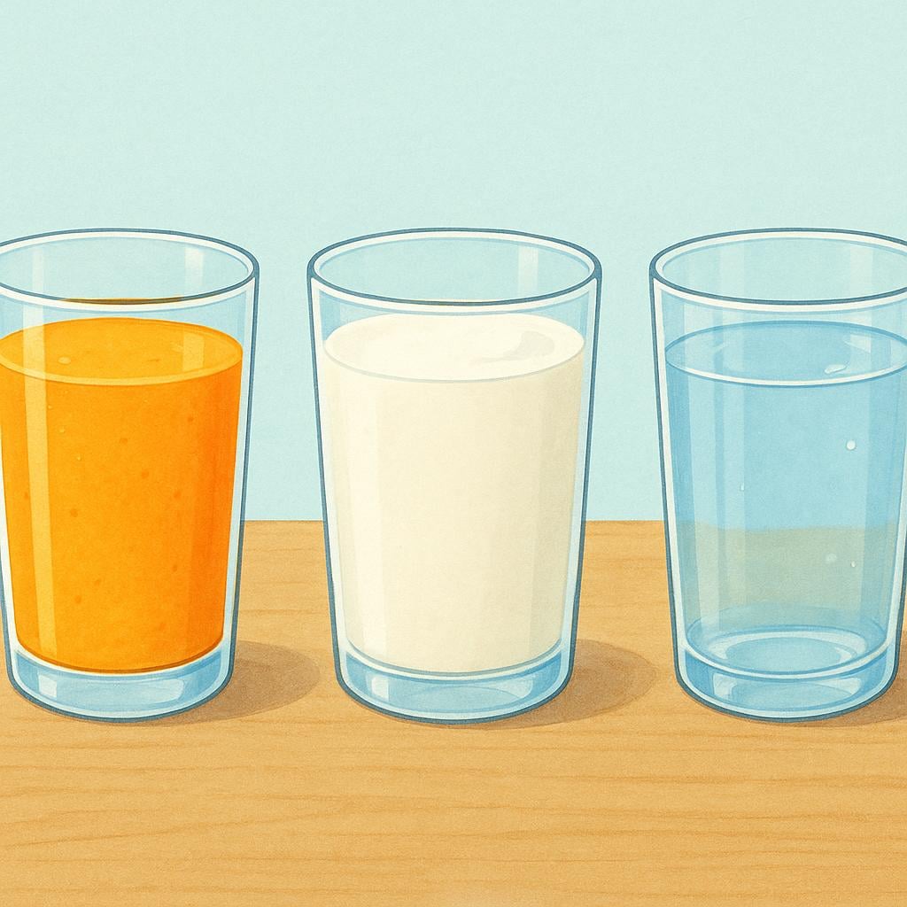A storybook illustration showing three clear glasses containing different colorful liquids: orange juice, white milk, and clear water, sitting on a simple surface.