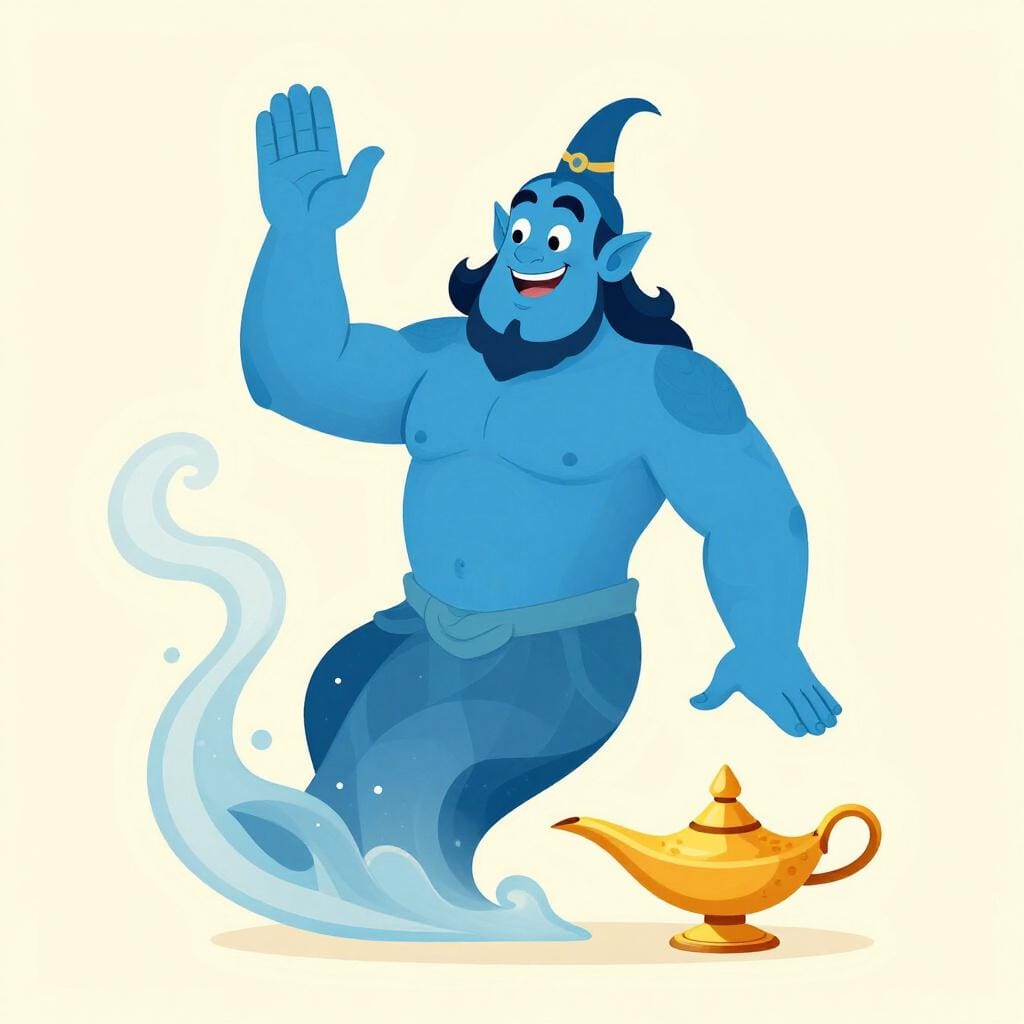 A large, blue, muscular genie character emerging dramatically from the spout of a small, antique golden oil lamp, surrounded by swirling purple smoke.