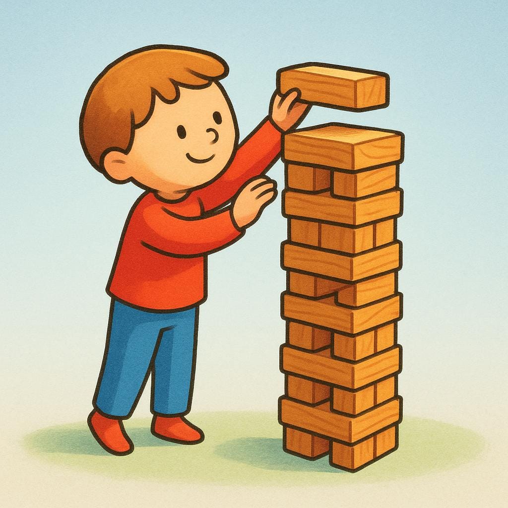 A joyful child placing the final, colorful block onto a tall, stable stack of wooden blocks, symbolizing the completion of their task.