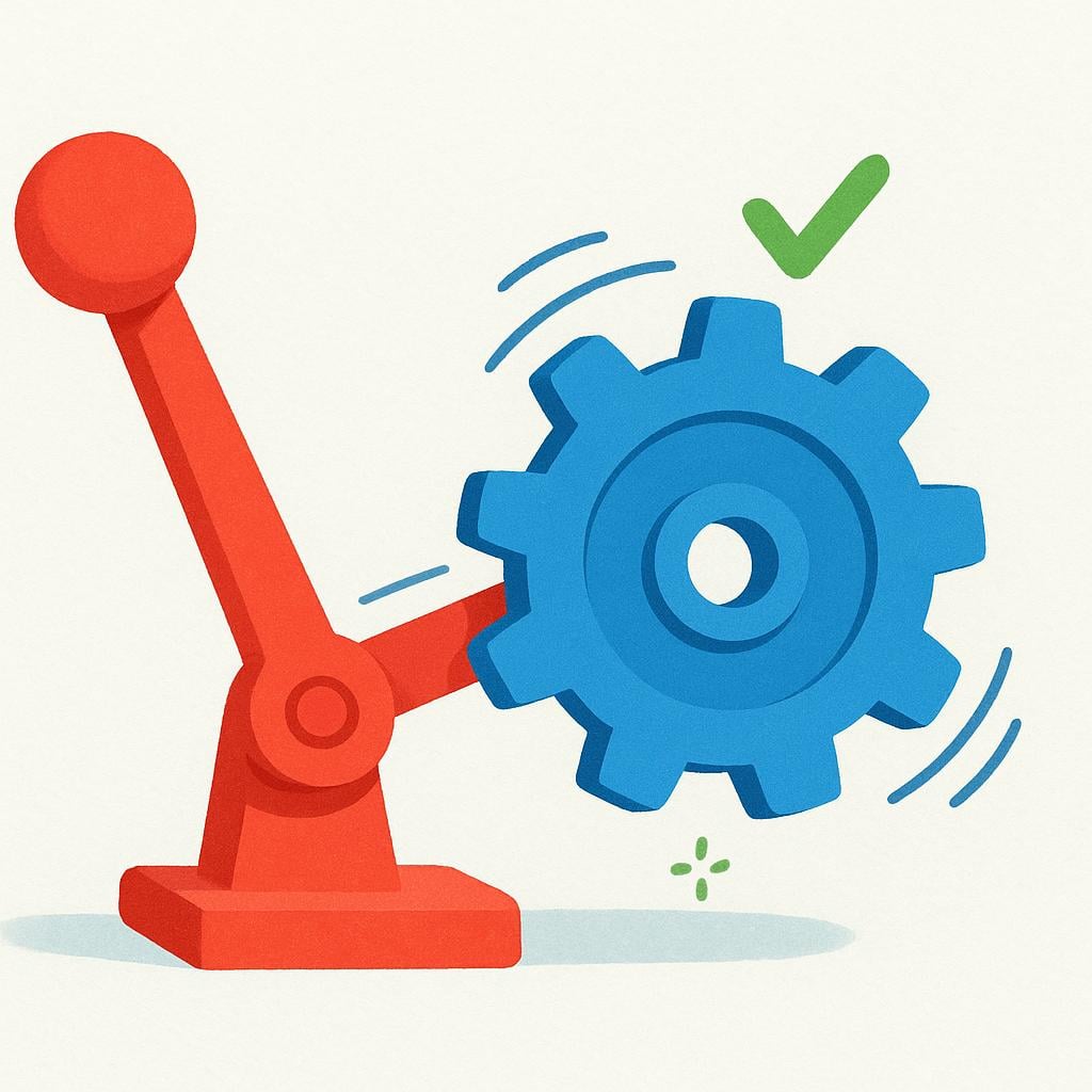 A simple illustration showing a red lever engaging and turning a blue gear, indicating a functional mechanism.