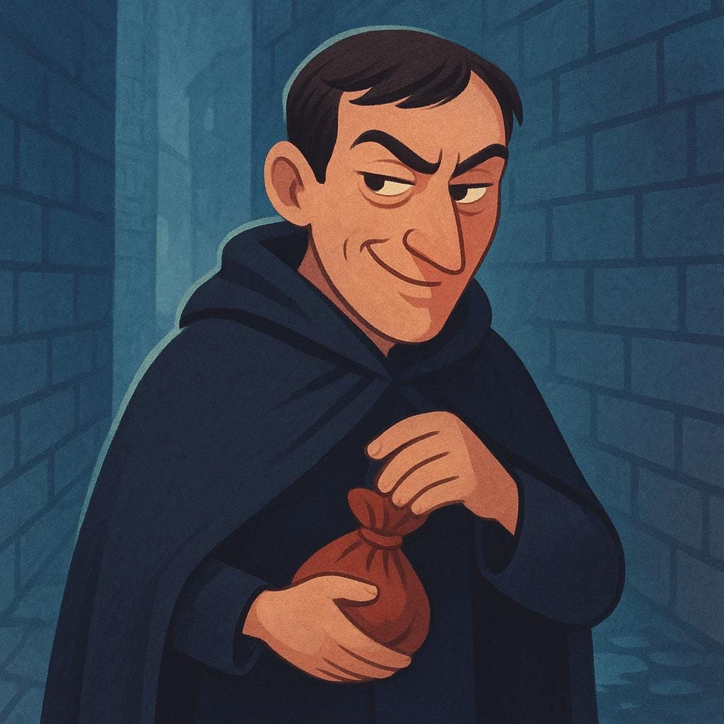 A man with a sly, untrustworthy expression, wearing a dark simple cloak, standing in a dimly lit alley and secretly tucking a small sack into his pocket.
