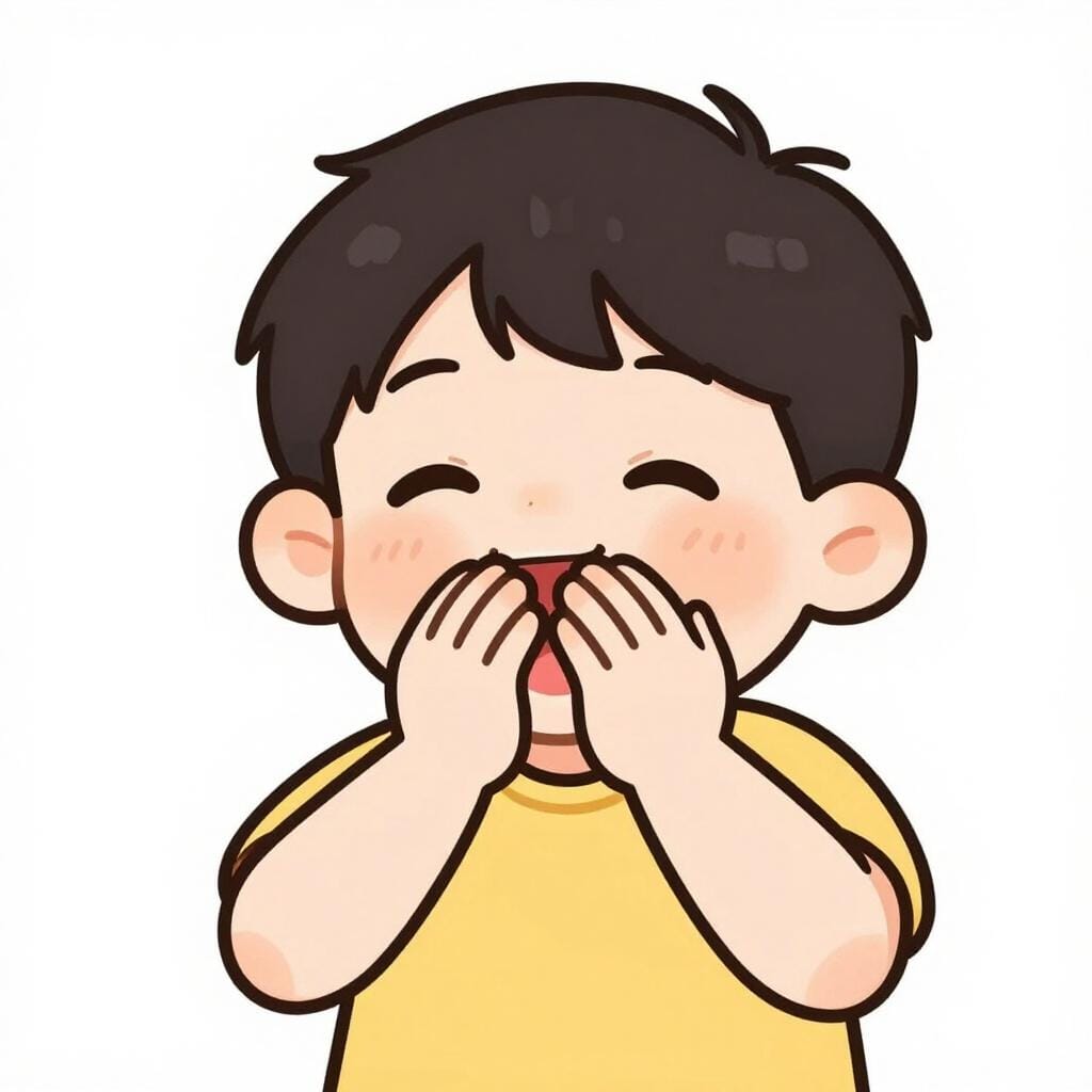 Un bambino piccolo si tiene le mani davanti alla bocca con un grande sorriso, cercando di non ridere.