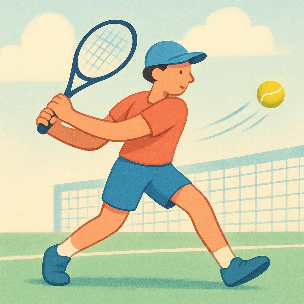 Een gestileerde tennisser wordt midden in een actie getoond, waarbij hij een racket over zijn lichaam zwaait om een bal te slaan, wat de backhand-slag demonstreert.