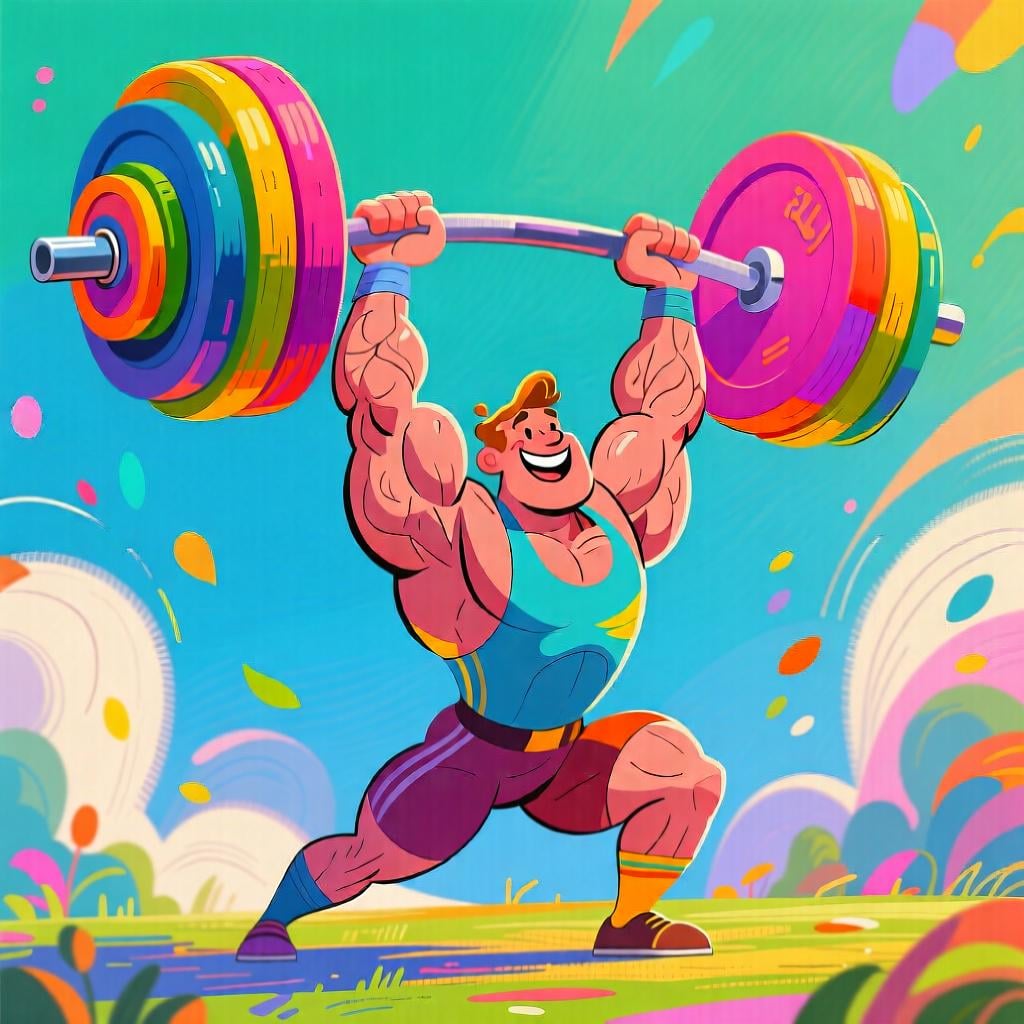 A strong, smiling figure effortlessly lifting a giant, brightly colored barbell high above their head, demonstrating great physical capacity.