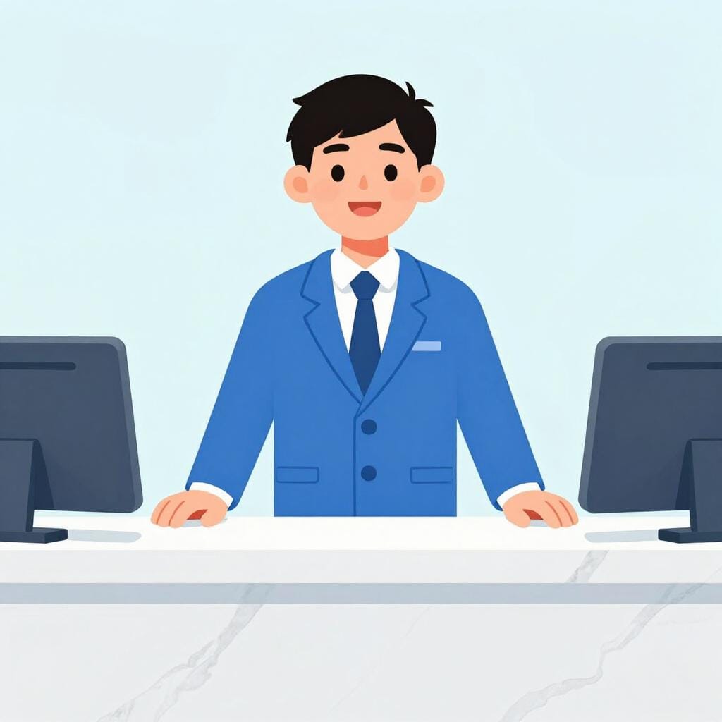 Een vriendelijk persoon in een professioneel pak, staand achter een marmeren balie.