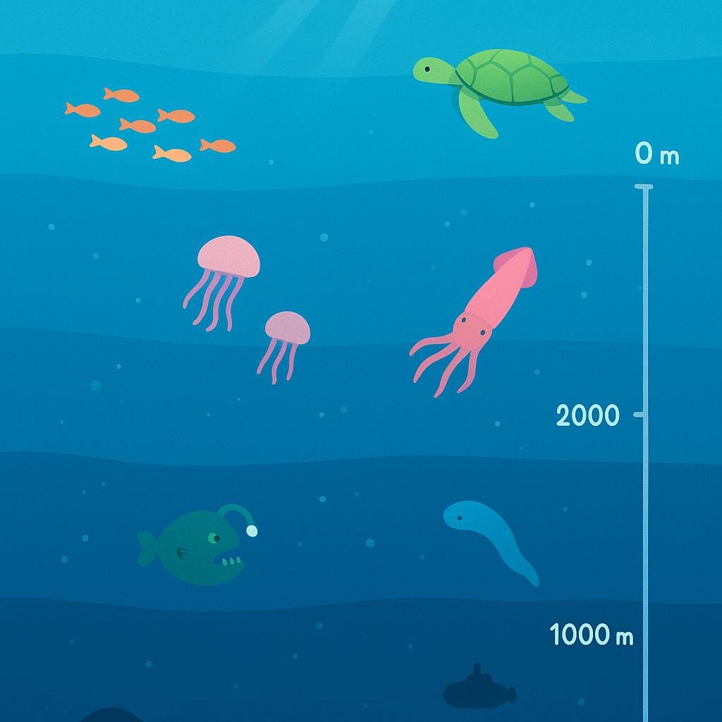 A cross-section illustration of a deep, calm body of water, showing the great vertical distance from the surface down into the dark blue depths.