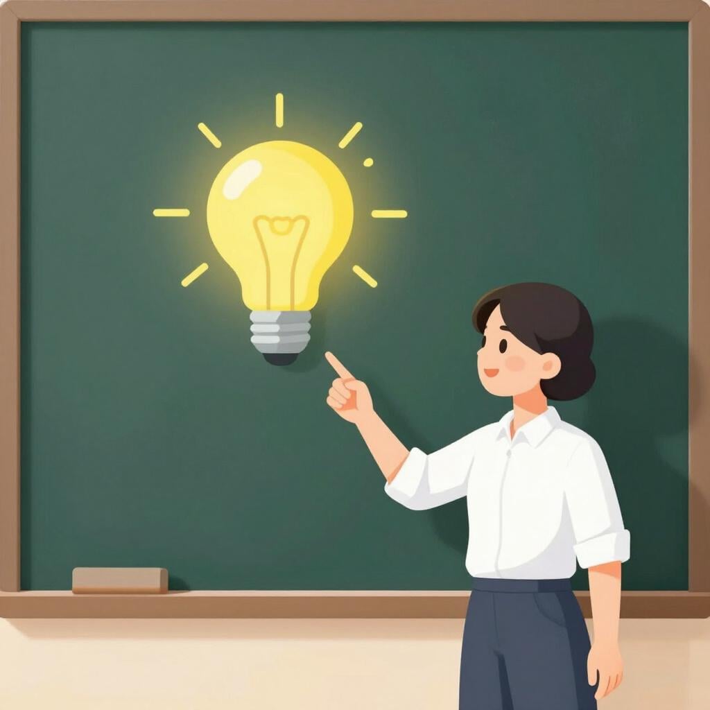 A teacher pointing to a bright, glowing lightbulb on a chalkboard to show clarity.