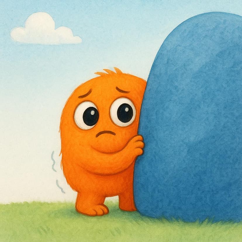 A small, wide-eyed orange creature is trembling and peeking out from behind a large, blue rock, looking terrified.