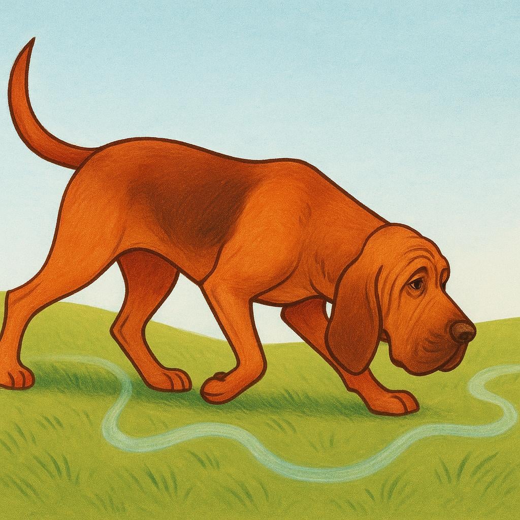 A cartoon bloodhound with its nose to the ground, intently sniffing an invisible winding scent trail over green grass.