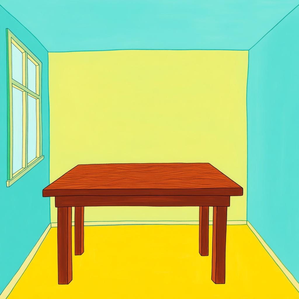 A small, square wooden table placed precisely in the physical center of a brightly lit, empty room.