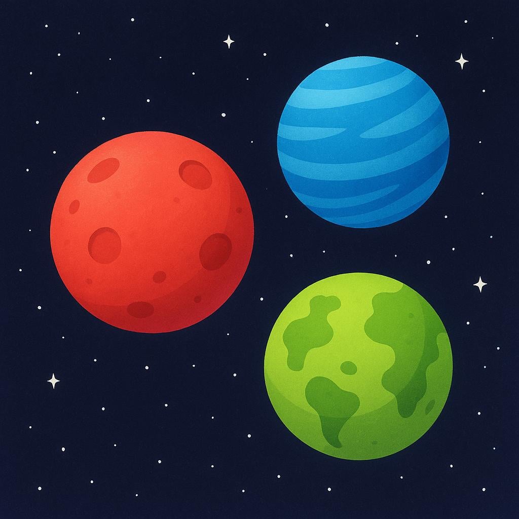 A simple colorful illustration showing three distinct, spherical planets—one red, one blue, and one green—floating against a dark, starry background.