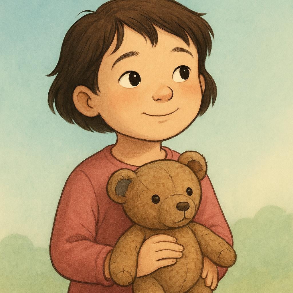 A high quality storybook illustration showing a child holding a worn, old teddy bear and smiling softly, looking thoughtful as they recall a memory.