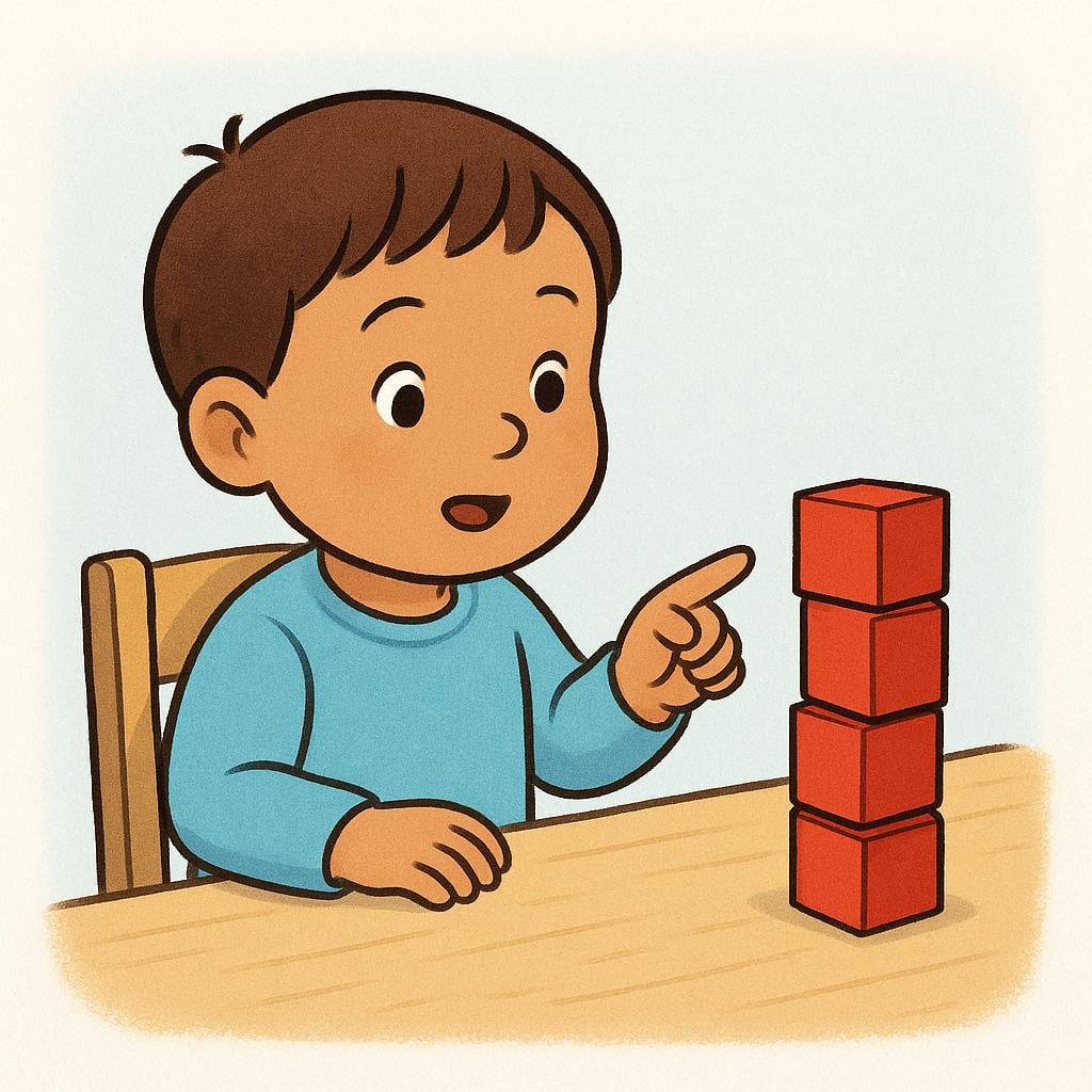 A child focused on counting a stack of red wooden blocks on a wooden table.