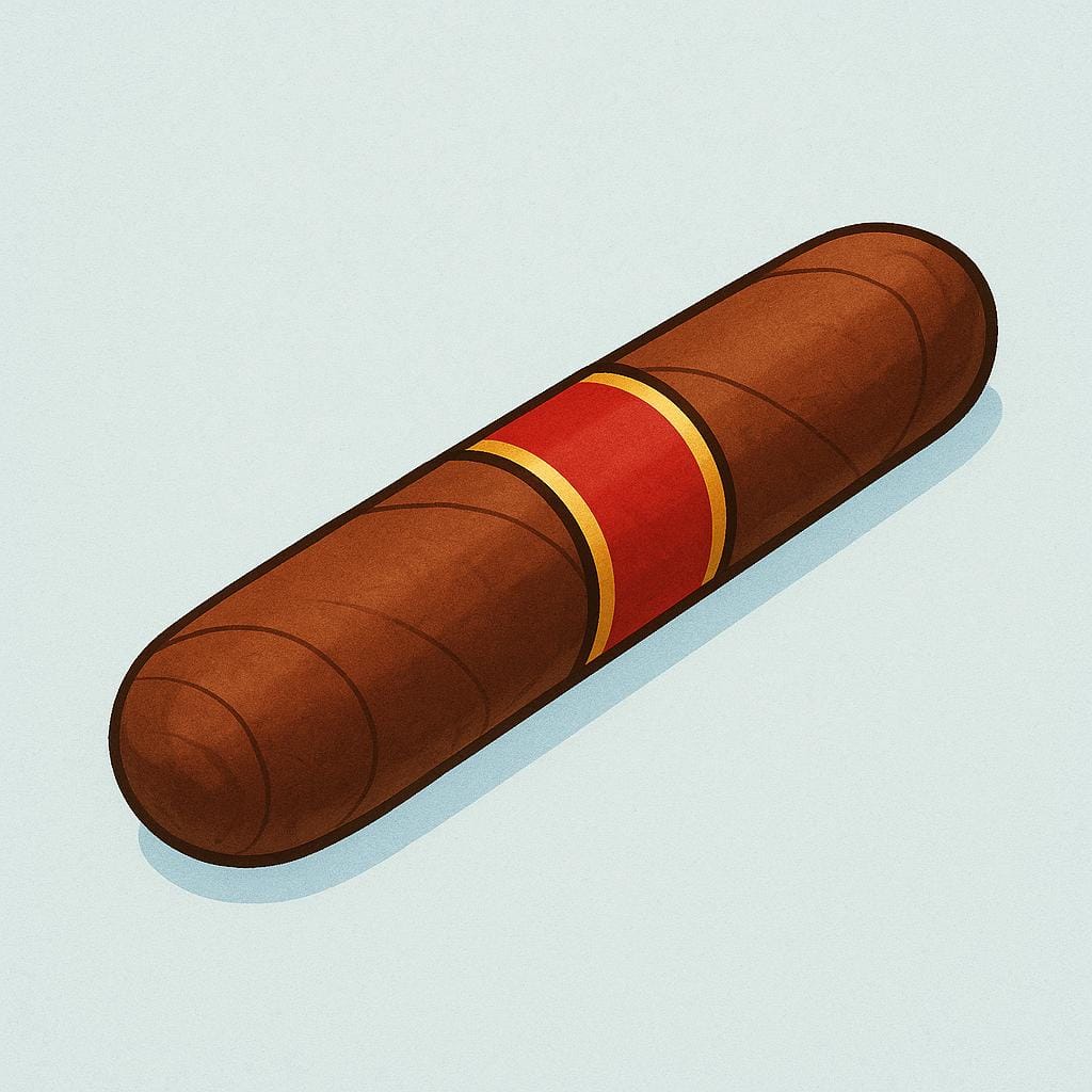 A simple illustration of a thick, brown cigar made of rolled tobacco leaves, featuring a simple red and gold band around the middle.