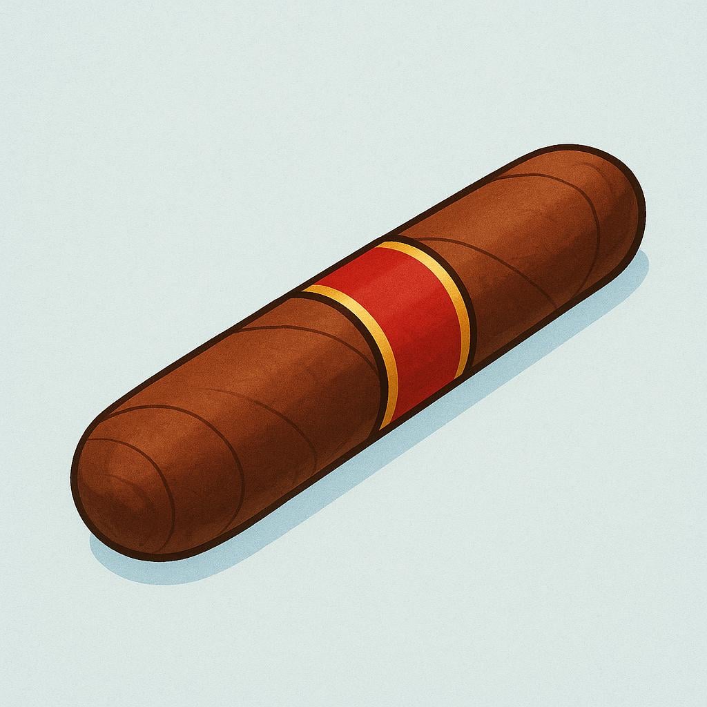 A simple illustration of a thick, brown cigar made of rolled tobacco leaves, featuring a simple red and gold band around the middle.