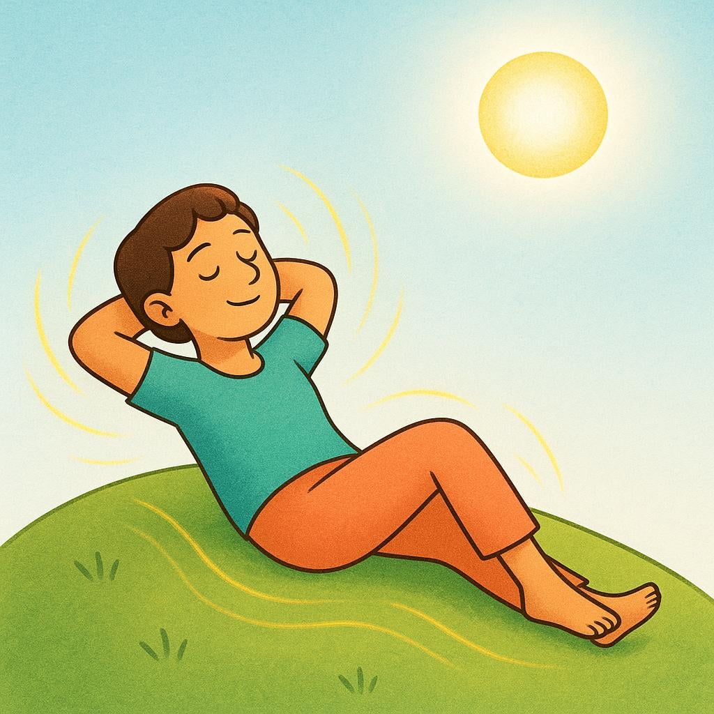A smiling person relaxing peacefully under a bright sun, with subtle, glowing yellow energy lines emanating outwards, representing good vibes.