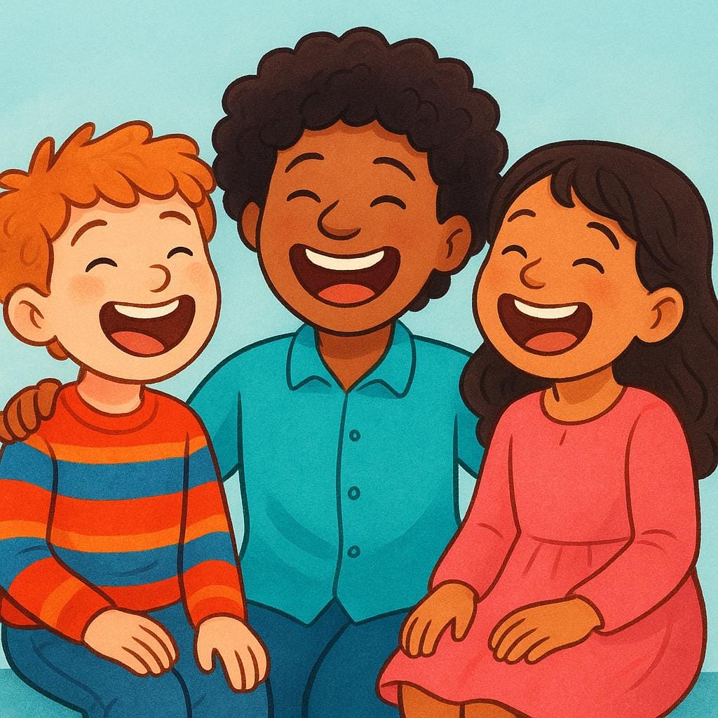 An illustration showing three cheerful people—two children and an adult—sitting close together and laughing heartily.