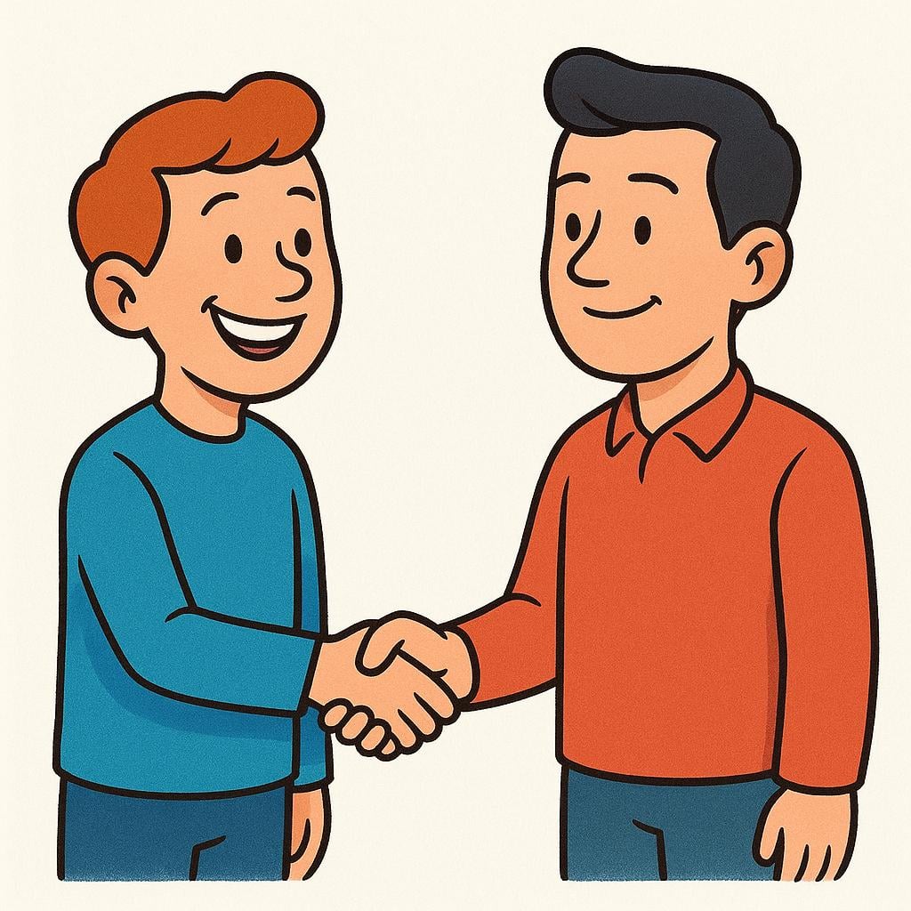 Two cartoon characters shaking hands firmly. One character looks satisfied and the other looks convinced and happy, showing a completed agreement.