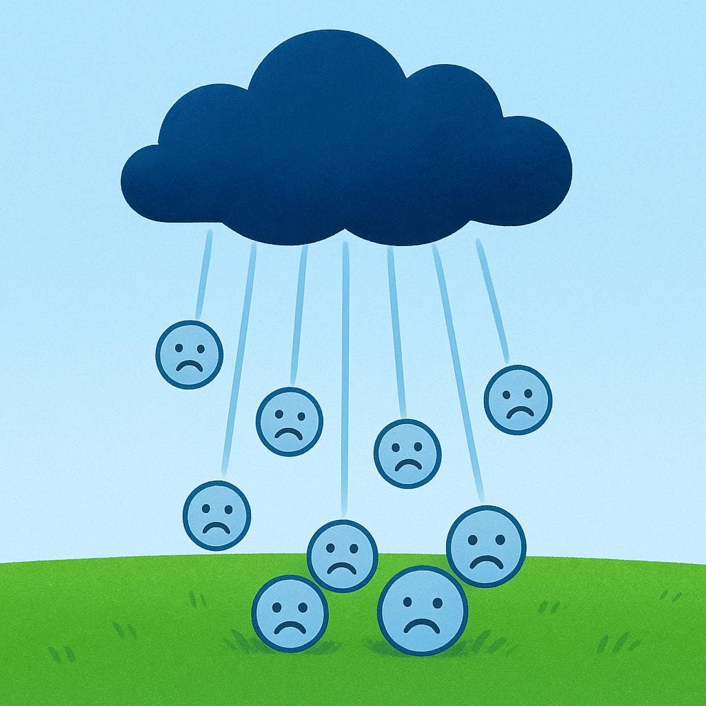 A stylized cloud hovering over a landscape, visibly causing small, negative symbols (like frowns) to appear below it, illustrating cause and effect.