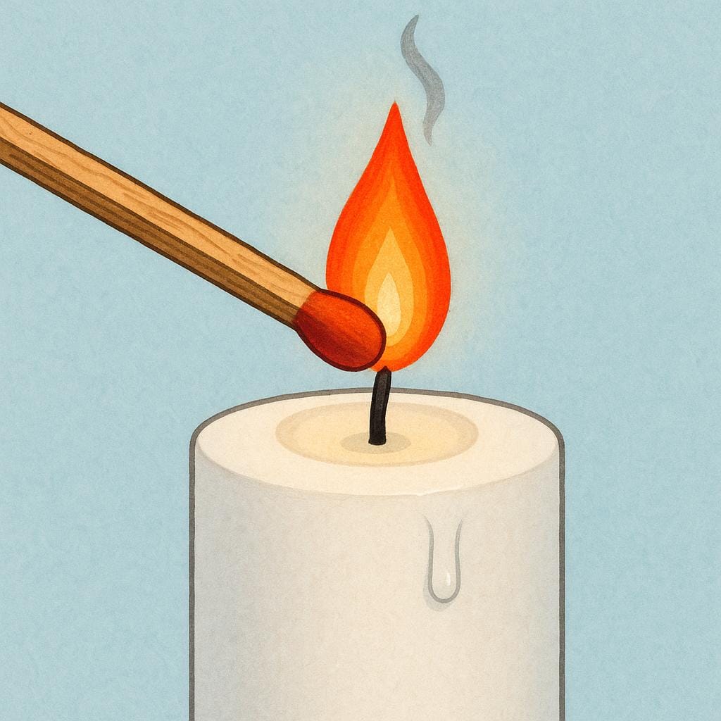 A simple illustration of a lit wooden matchstick touching the wick of a white candle, causing the candle flame to start burning.