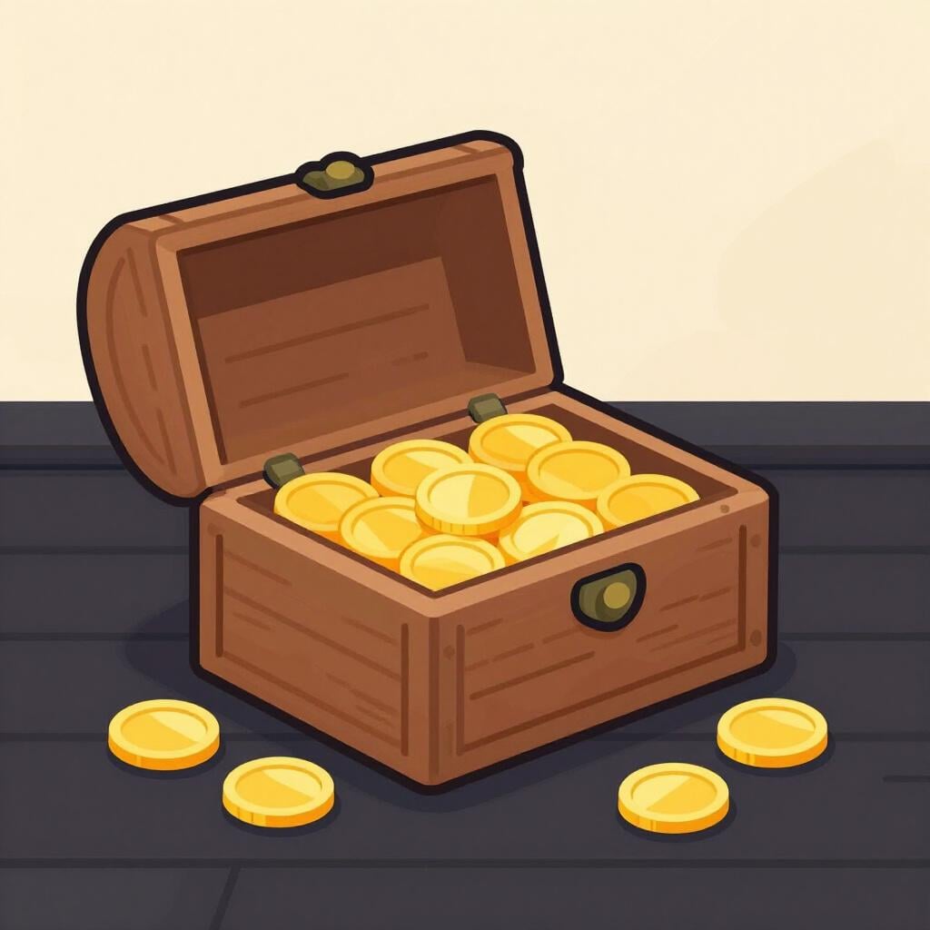 A wooden chest sitting open with golden coins spilling out onto a dark floor.