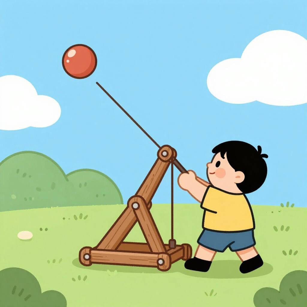 Un personnage actionnant un levier sur une machine qui lance des objets ronds.