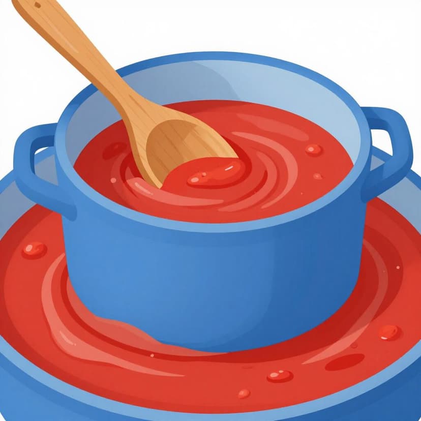 A wooden spoon stirring a thick red soup in a blue pot.