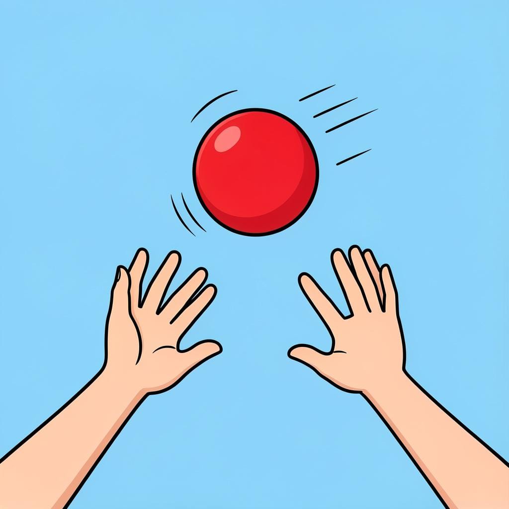 Mãos de uma pessoa estendendo-se para pegar uma bola vermelha voando no ar.