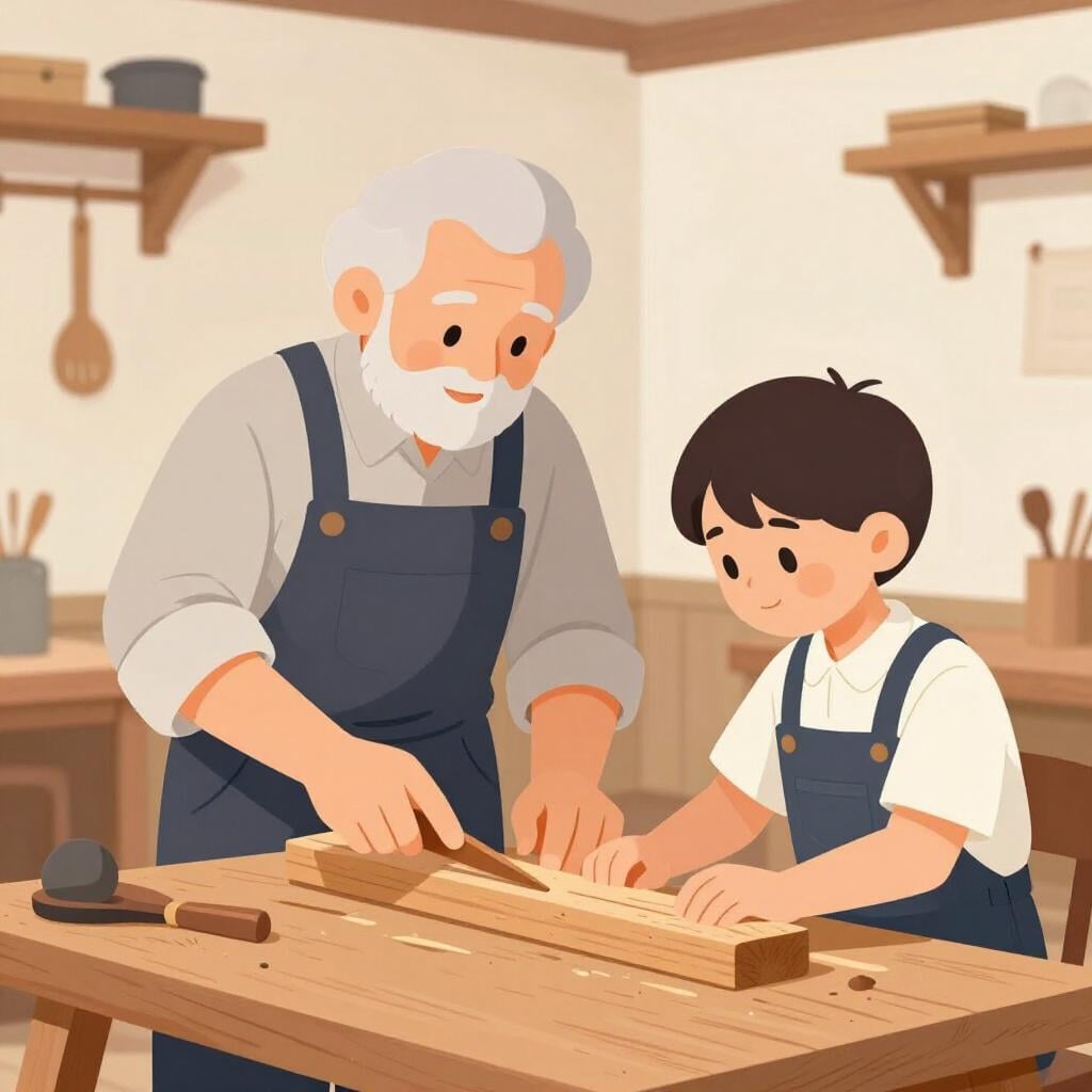 An experienced carpenter teaching a young person how to use a wooden plane on a workbench.