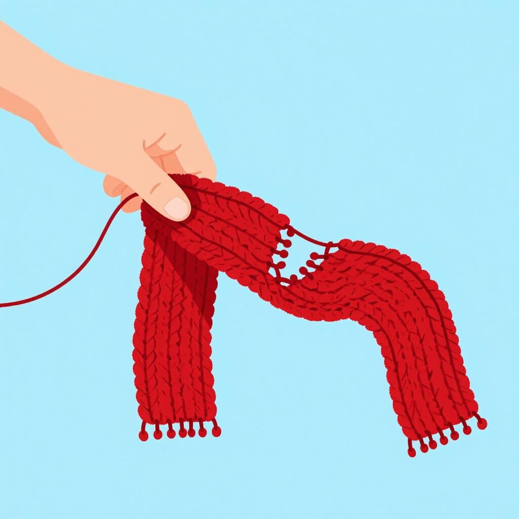 A hand pulling a single thread to unravel a knitted scarf.