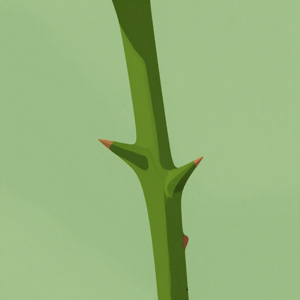 緑色のバラの茎についた一本の鋭いトゲのクローズアップ。