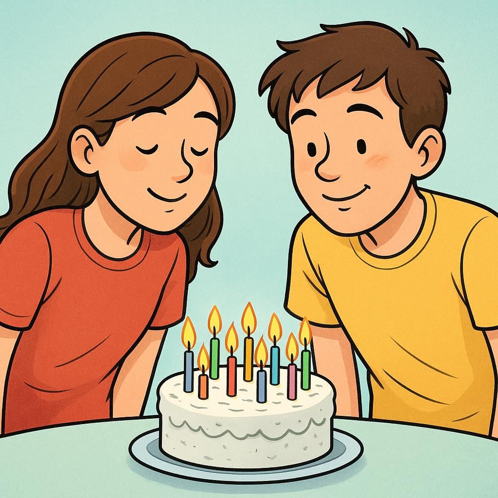Two teenagers standing next to a small birthday cake with lit candles, smiling happily as they prepare to make a wish.