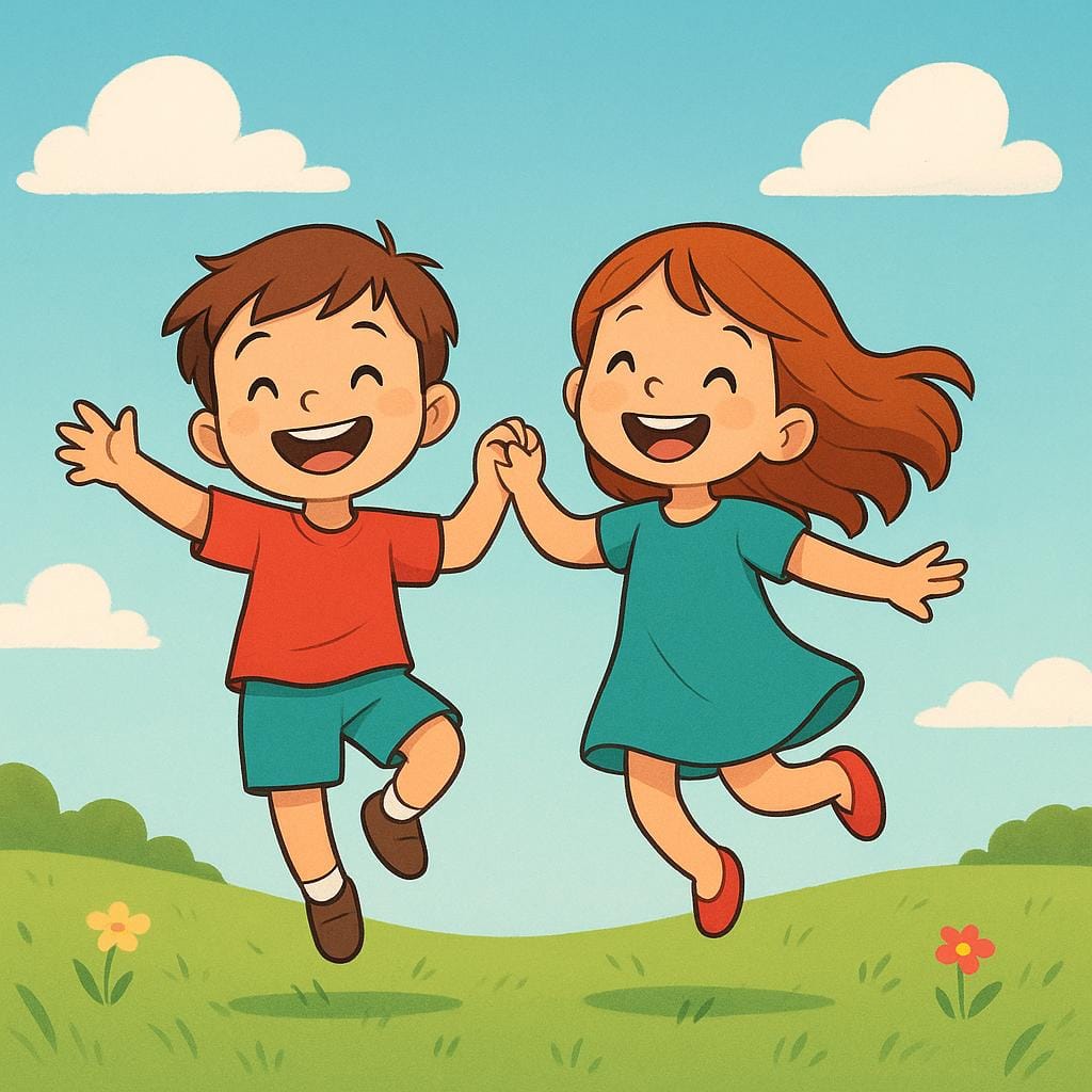 Un'illustrazione colorata di un libro di fiabe che mostra due bambini piccoli, un maschio e una femmina, che si tengono per mano e sorridono luminosamente mentre saltano in un campo verde soleggiato, raffigurando felicità.