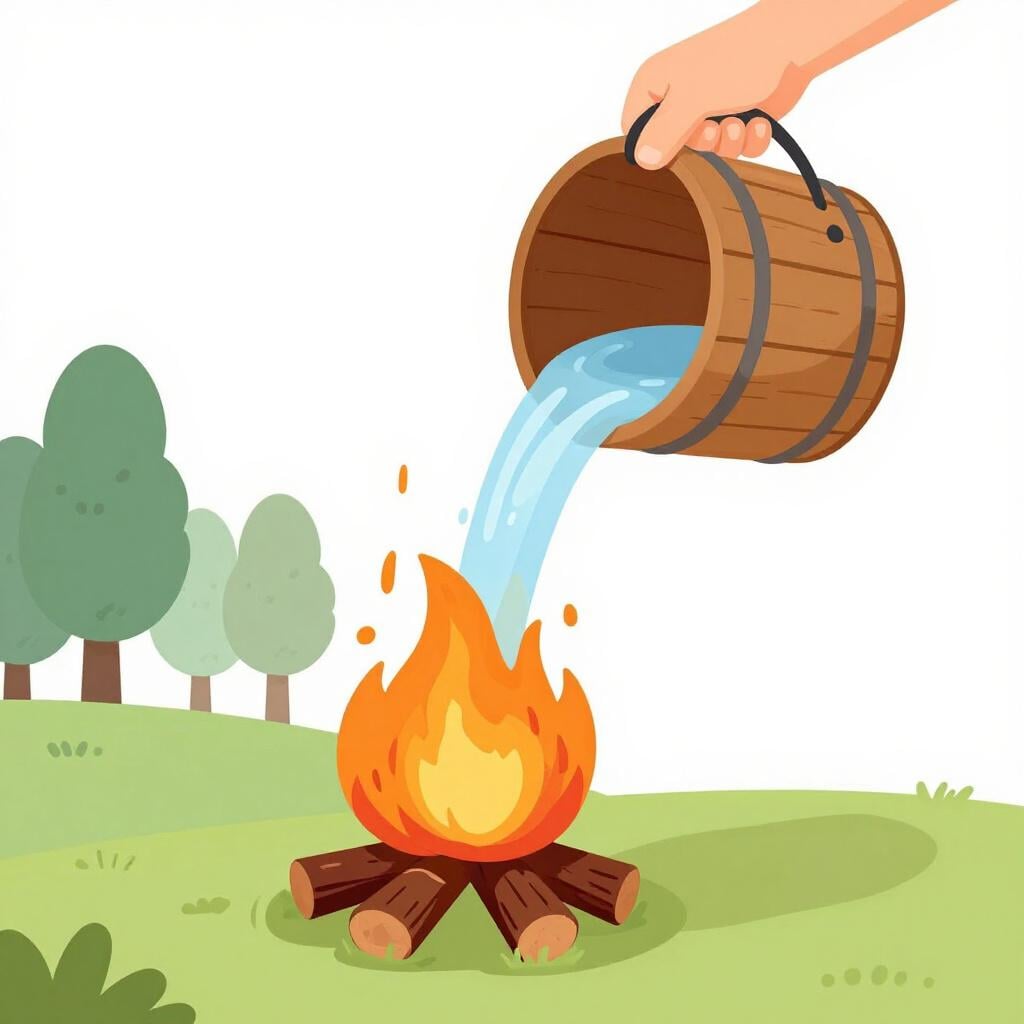Um par de mãos segurando um balde de água derramando-o sobre uma pequena fogueira.