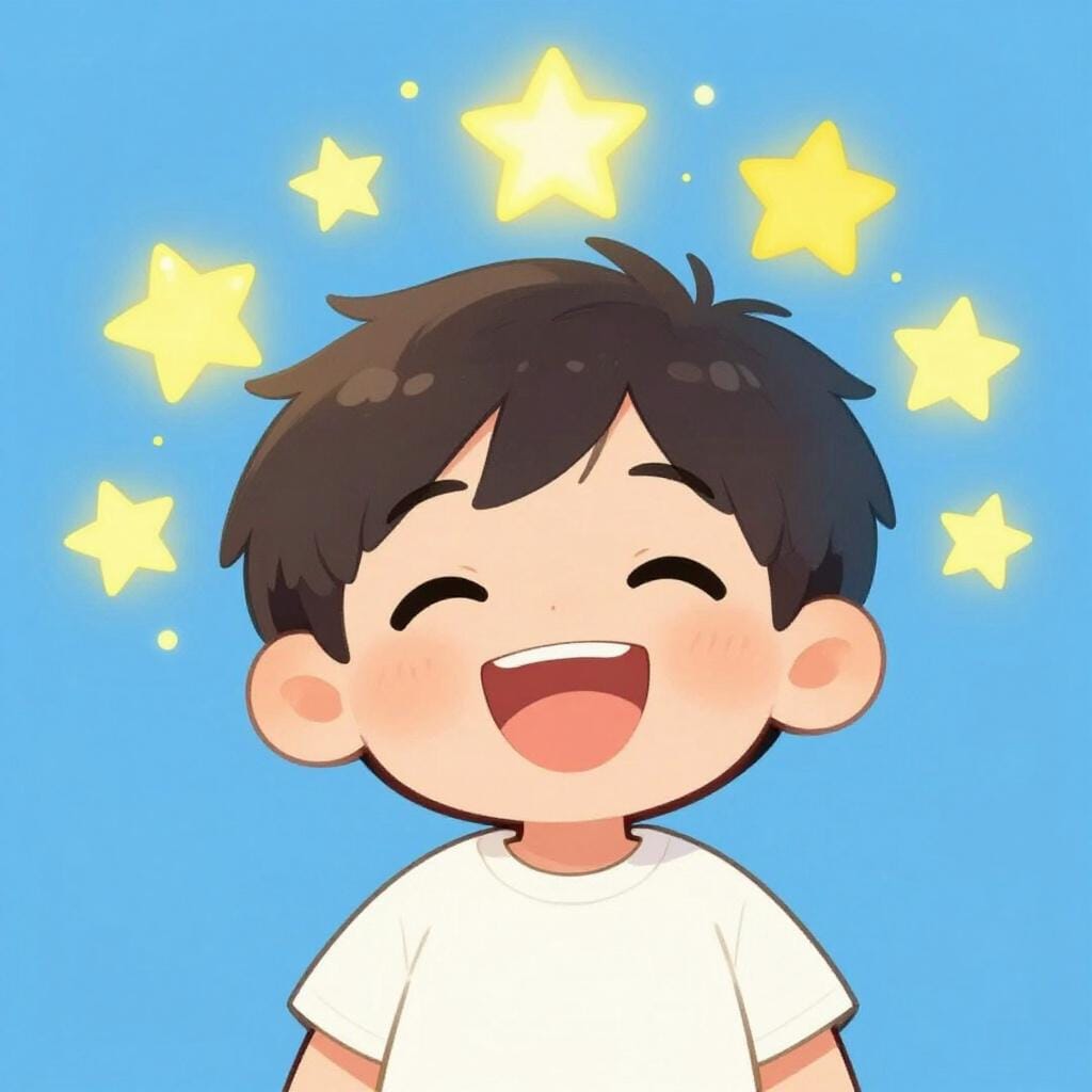 Uma criança feliz com um sorriso largo e olhos brilhantes, levantando os braços em alegria.