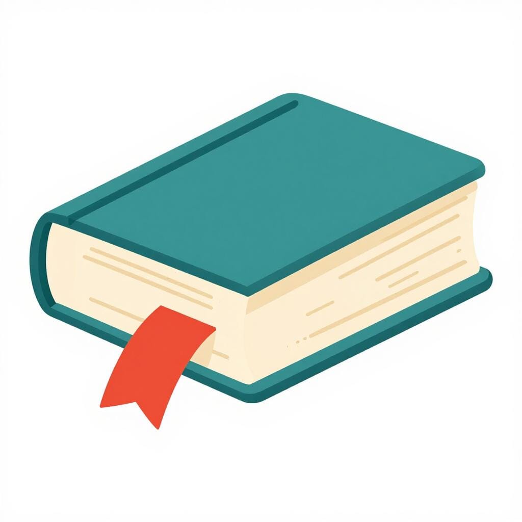 A colorful ribbon bookmark tucked inside a thick hardcover book.