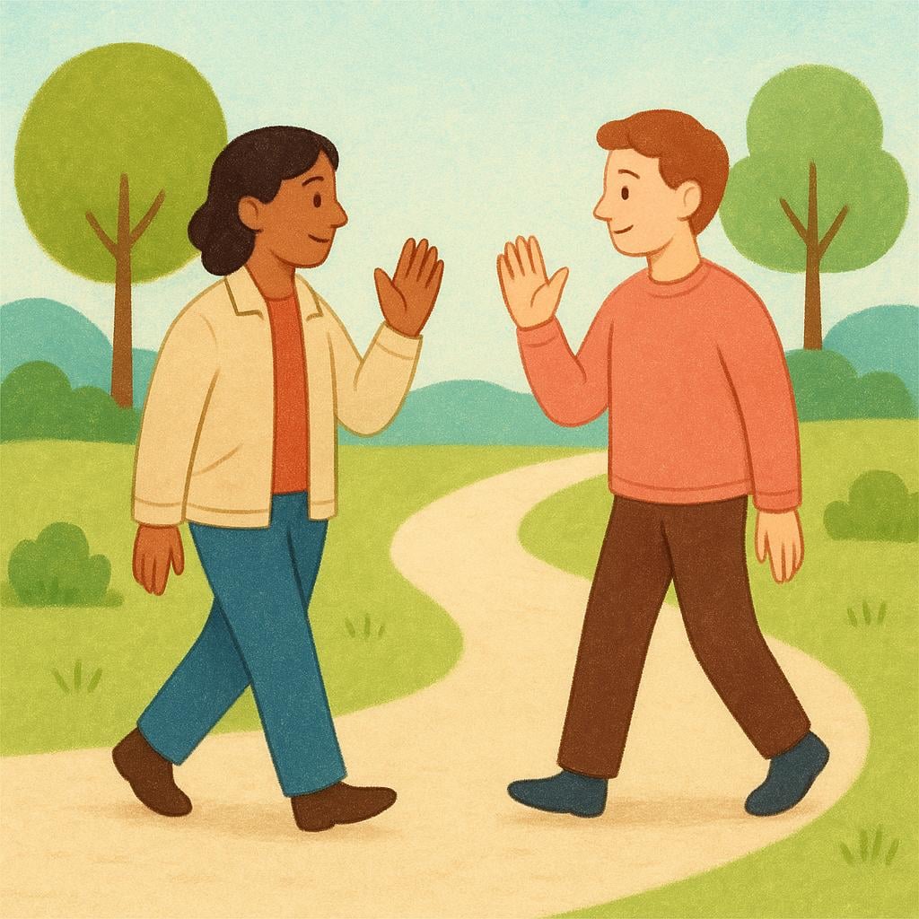 A simple colorful illustration showing two people passing each other on a sunny path, exchanging a brief, friendly wave of acknowledgment.