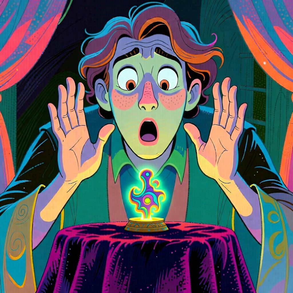 A person with a wide-open mouth and stunned expression, staring intently at a small, glowing artifact on a pedestal, symbolizing being left in a state of surprise.